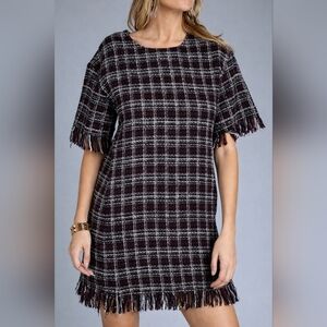 STORIA Tweed Shift Dress Red Black Plaid Checkered Size Medium Fringe Preppy